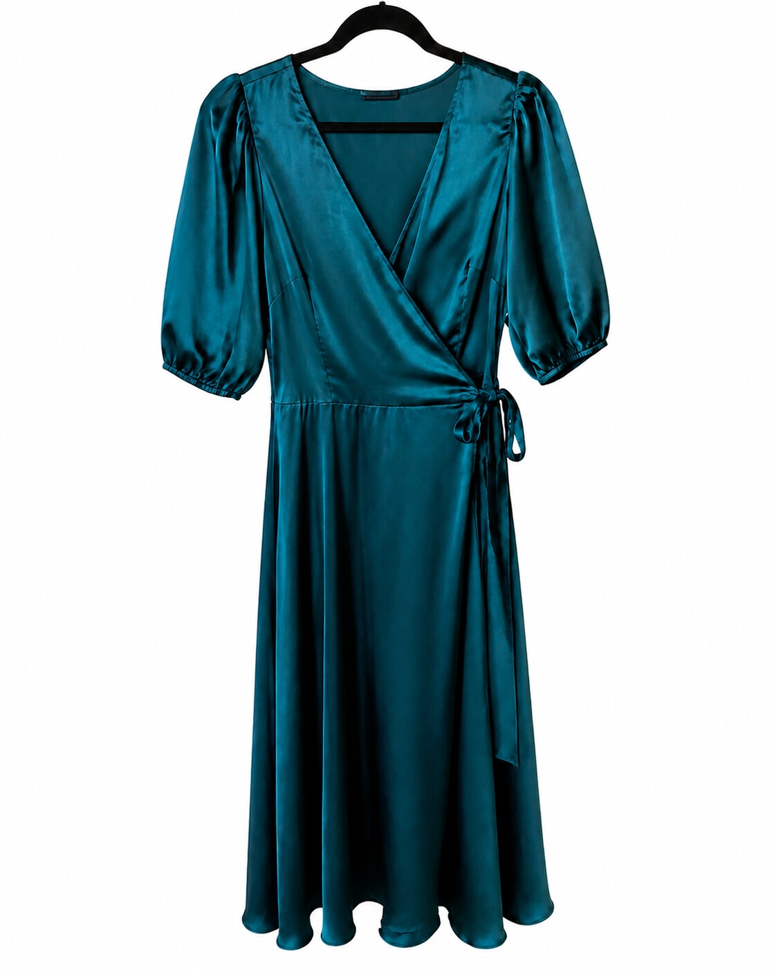 The same teal satin wrap dress isolated on a plain white background