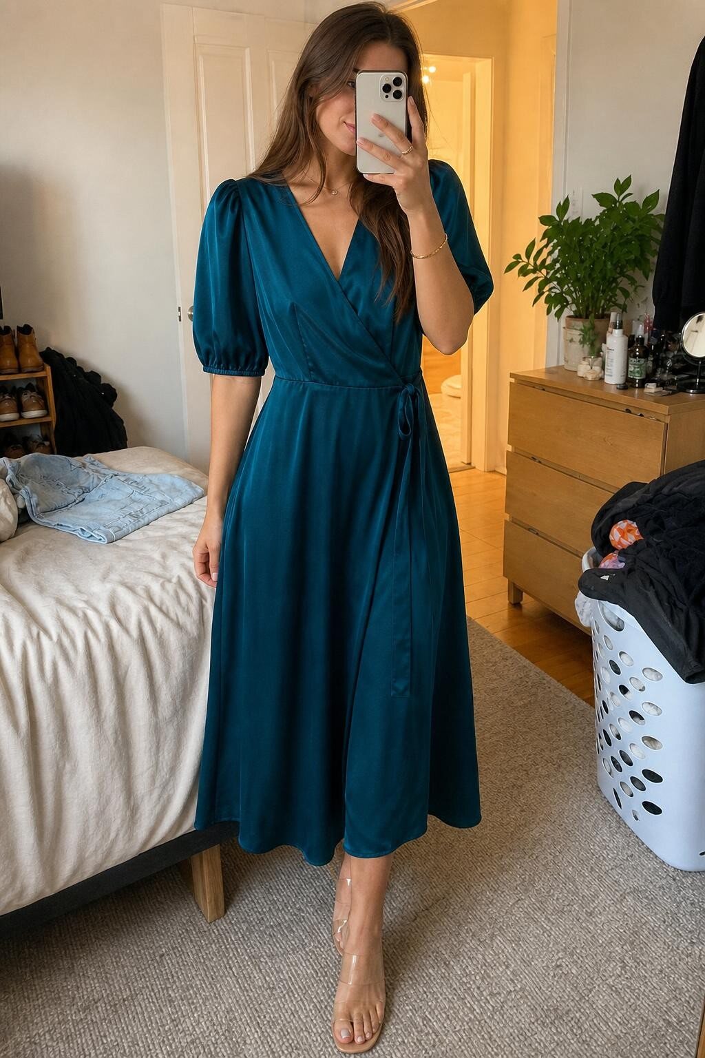 A woman taking a mirror selfie in the same teal satin wrap dress in a lived-in bedroom