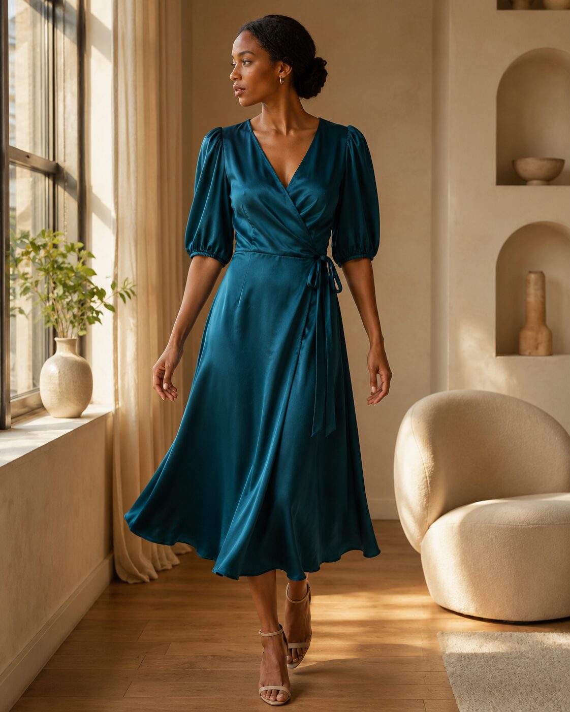 A polished editorial image of a model in the teal dress